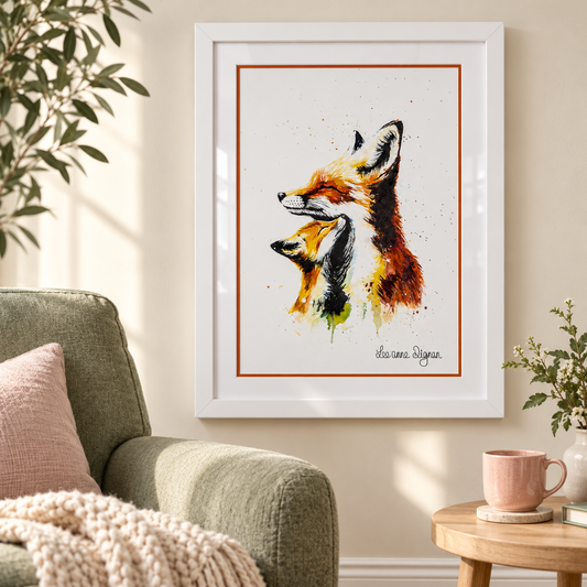 Framed fox watercolour styled in a modern home interior