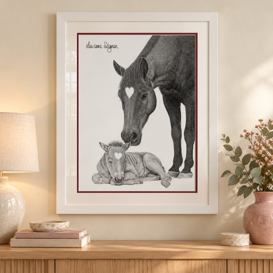 Framed horse artwork styled in a modern home interior