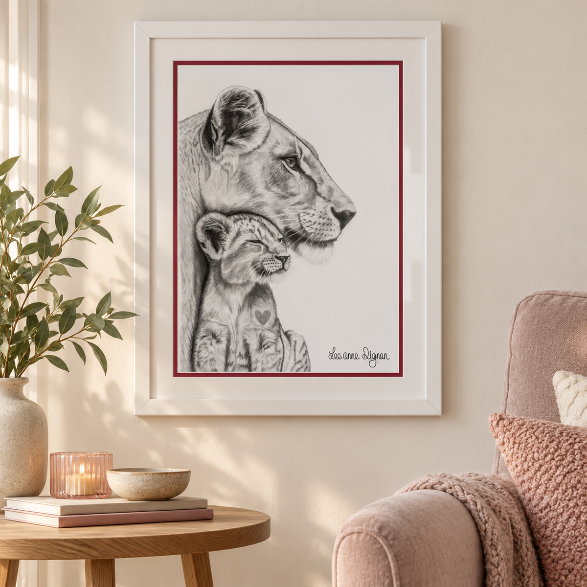 Framed lion artwork styled in a modern home interior