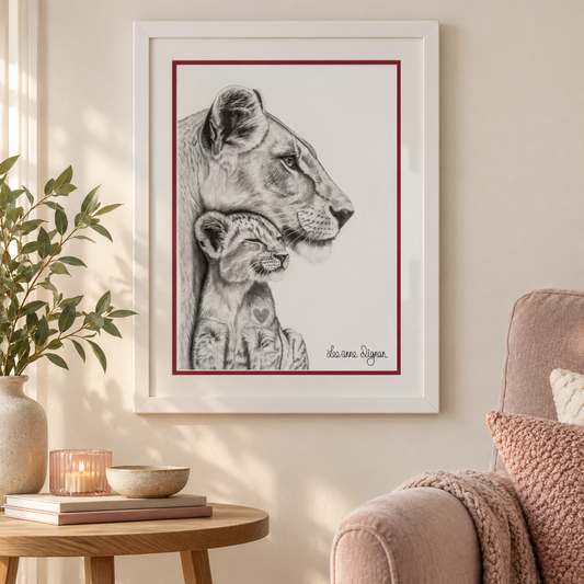 Framed lion artwork styled in a modern home interior