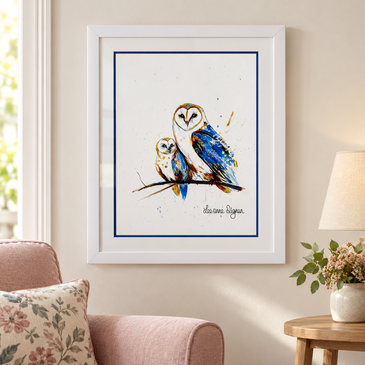 Framed owl watercolour with blue inlay, white mount and white frame in a modern home setting