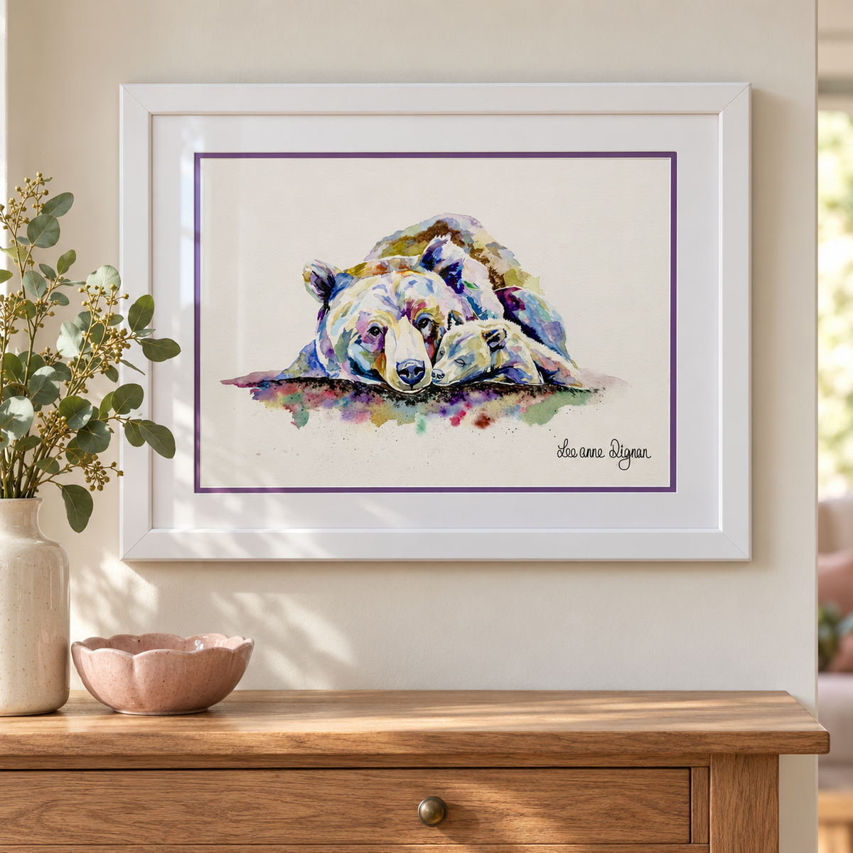 Framed bear watercolour with purple inlay, white mount and white frame in a modern home setting