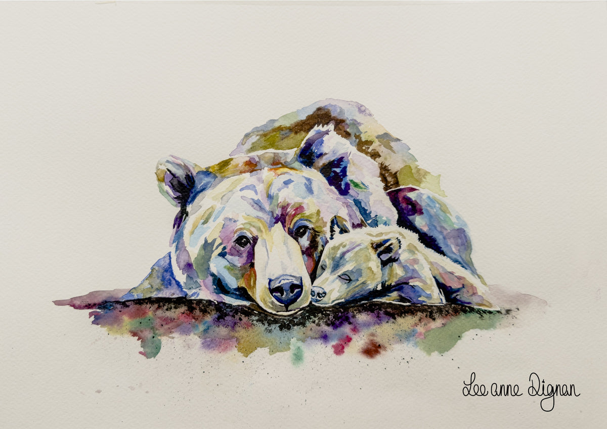 Bear and cub original 12 × 16 inch watercolour by Leeanne Dignan, from The Shape of Love
