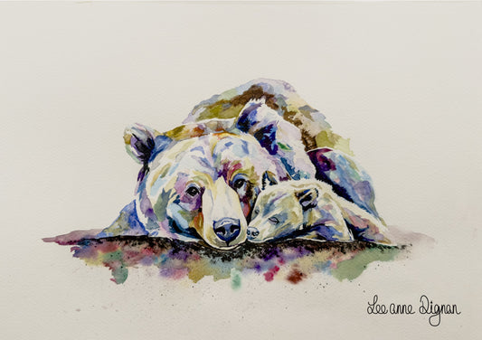 Bear and cub original 12 × 16 inch watercolour by Leeanne Dignan, from The Shape of Love