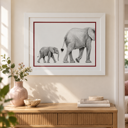 Framed elephant and calf drawing styled above an oak console in an ivory and blush interior