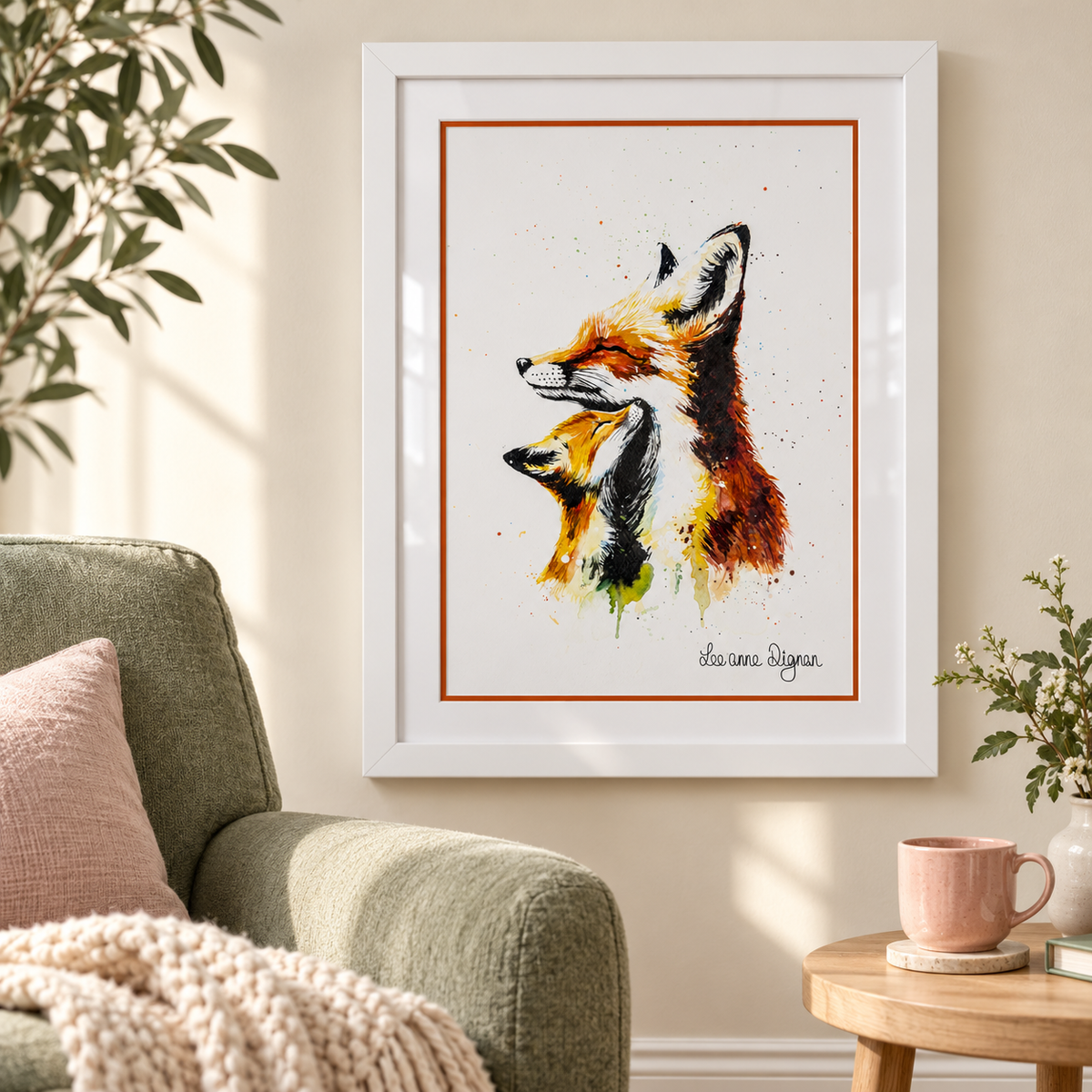 Framed fox watercolour styled in a modern home interior