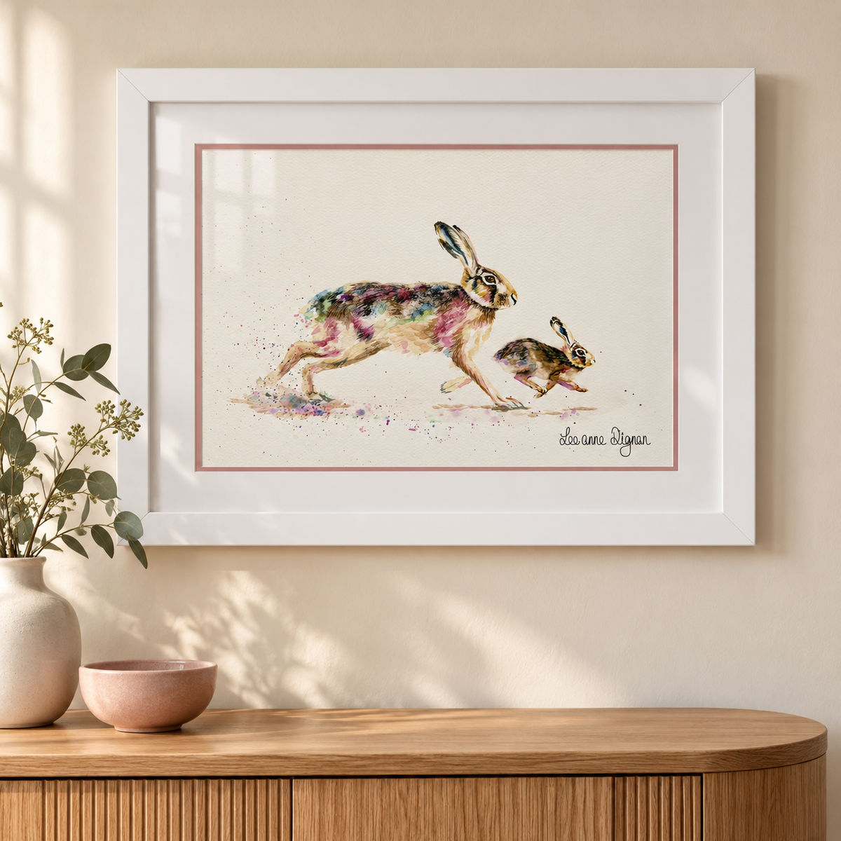 Framed hare watercolour styled in a modern home interior