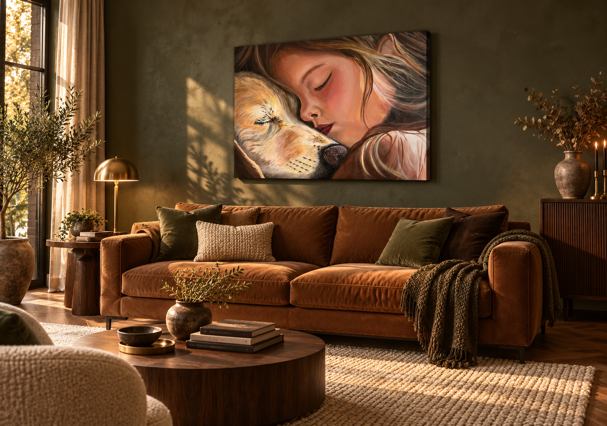 Homeward Heart by Leeanne Dignan, a 40 by 28 inch painting of a child and golden retriever on deep edged canvas with dark brown sides, above a sofa