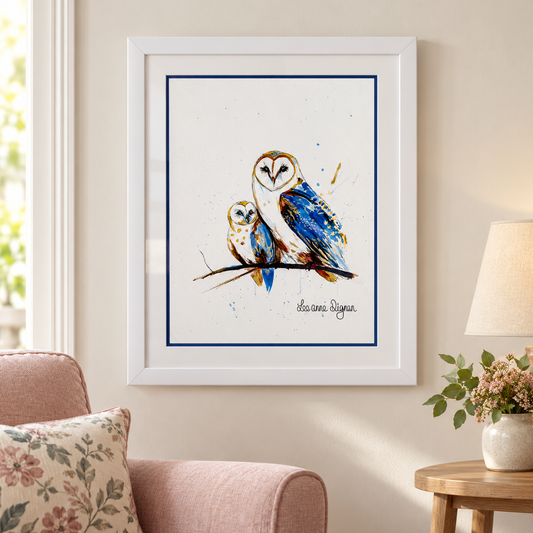 Framed owl watercolour with blue inlay, white mount and white frame in a modern home setting