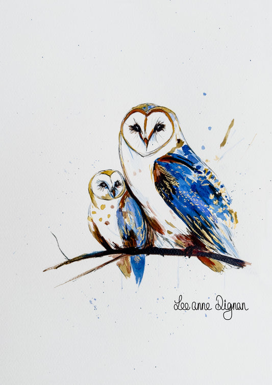 Barn owl and owlet original 12 × 16 inch watercolour by Leeanne Dignan, from The Shape of Love
