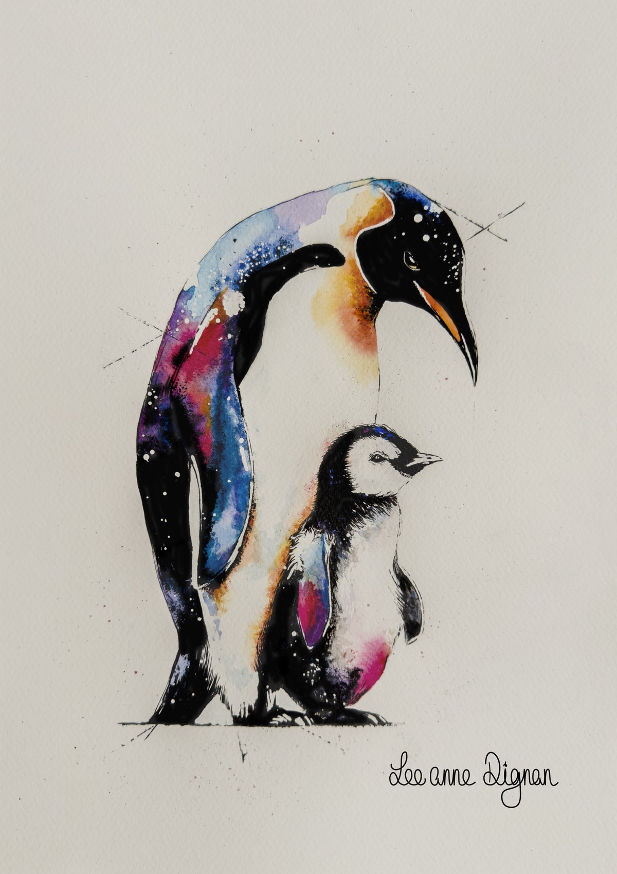 Signed original 12 × 16 inch penguin watercolour by Leeanne Dignan