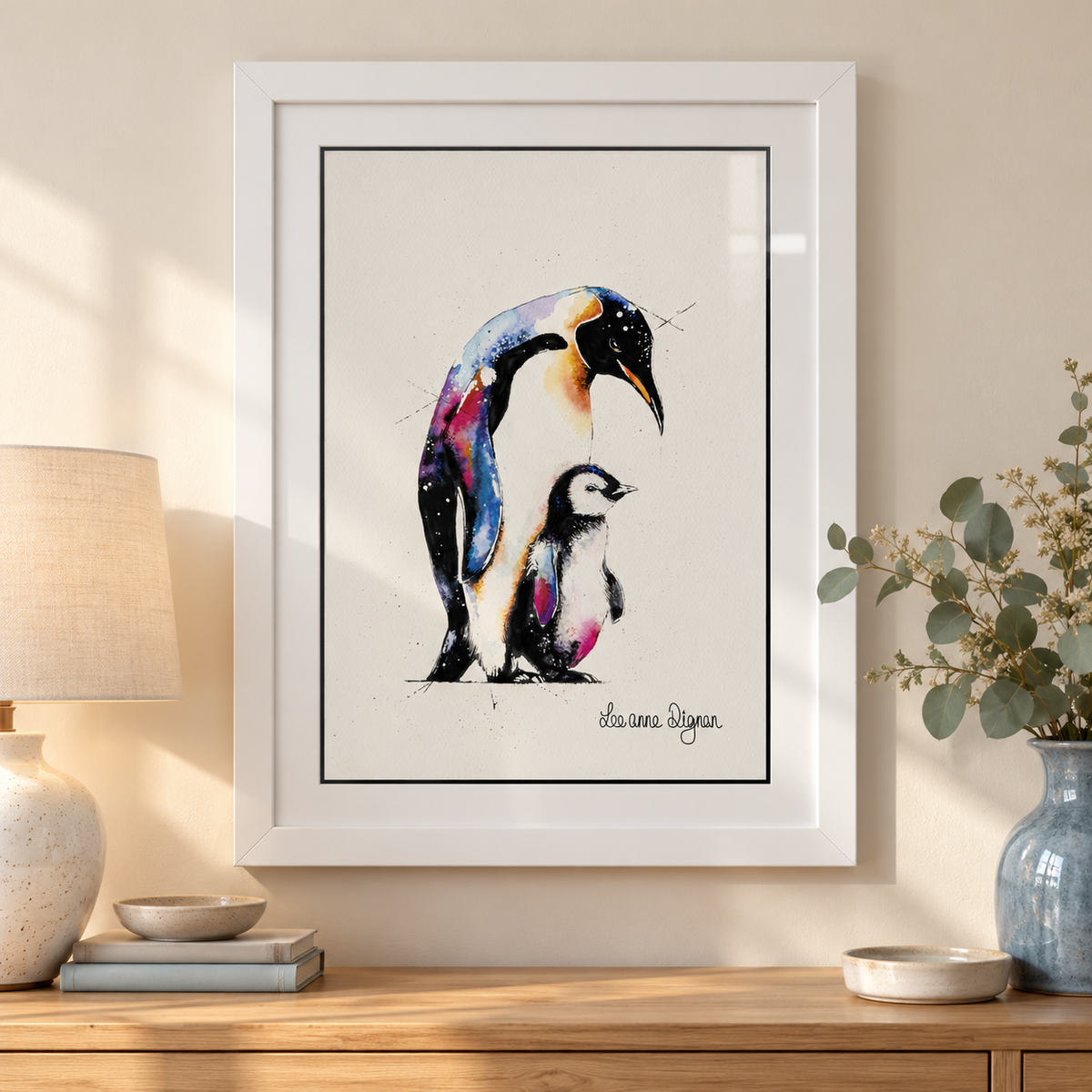 Framed penguin watercolour styled in a modern home interior
