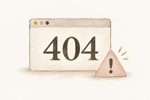 Watercolour-style browser window showing 404 beside a blush pink warning triangle.