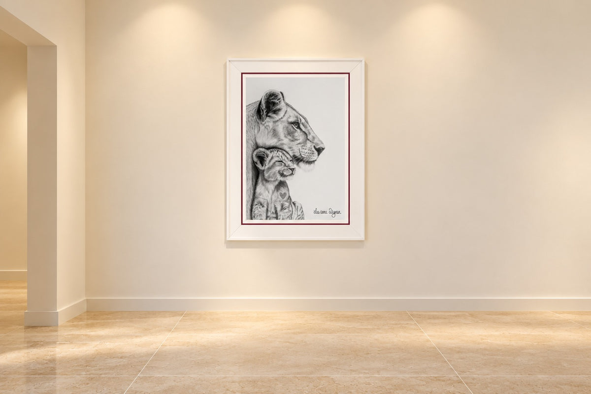 Protect by Leeanne Dignan, framed in an ivory contemporary exhibition space