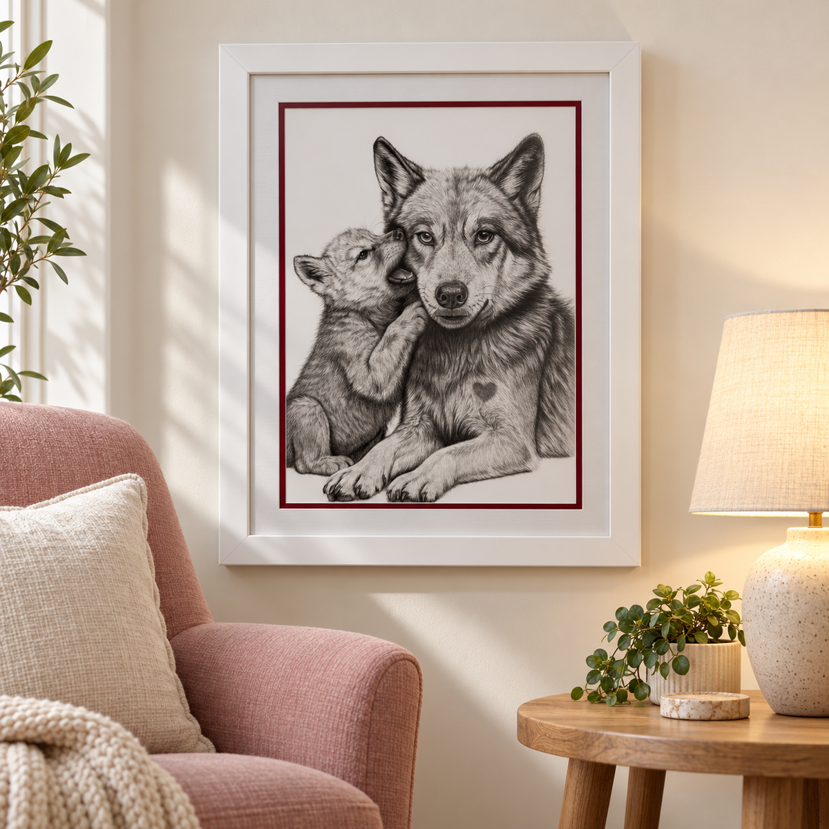 Framed wolf and cub drawing styled beside a blush armchair in a modern reading corner