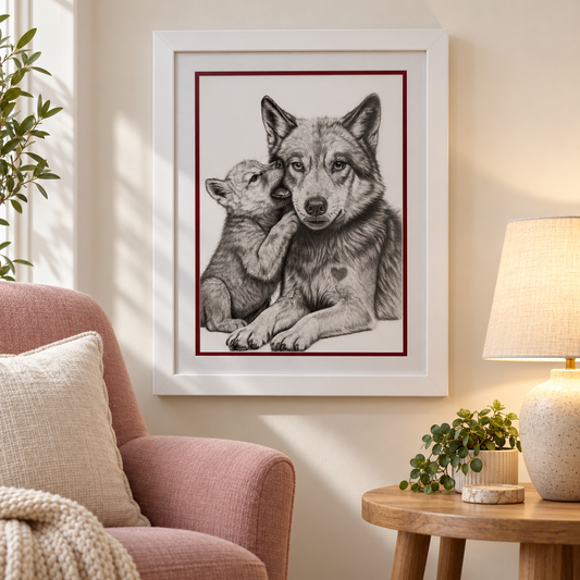 Framed wolf and cub drawing styled beside a blush armchair in a modern reading corner